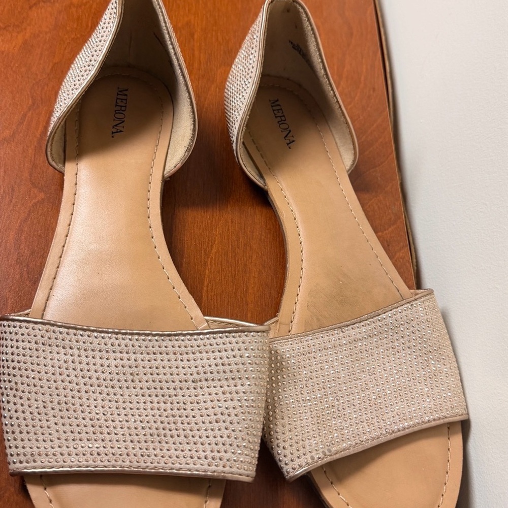 Merona Gold Rhinestone Sandals Open Toe Slip On Flats - Picture 4 of 4